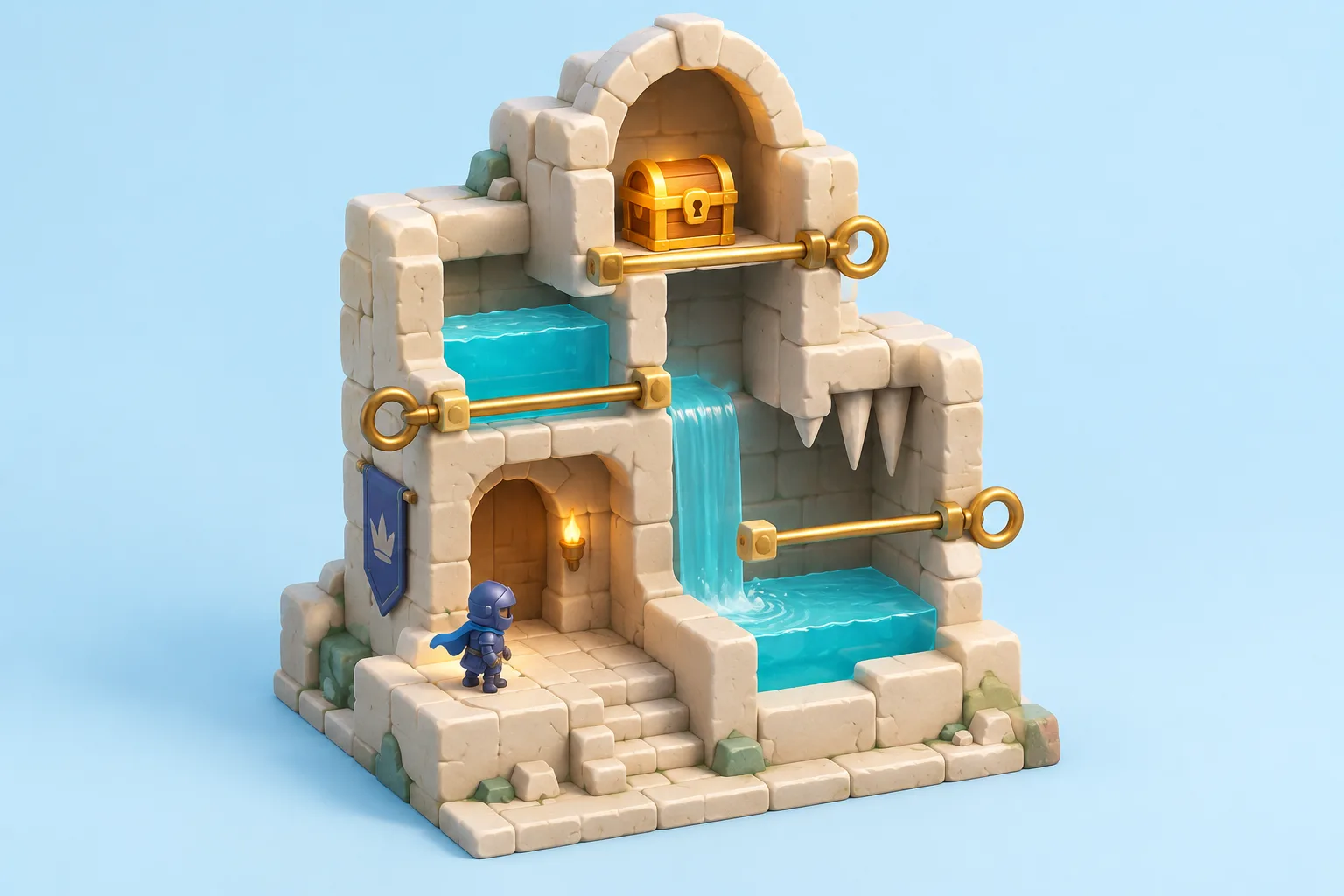 Dungeon Pins concept artwork: a tiny stone dungeon with golden pull pins, water and treasure.